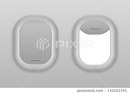 Realistic airplane window set with open and closed views, plastic and glass design, vector mockup for aviation travel concept and flight presentation. 130281541