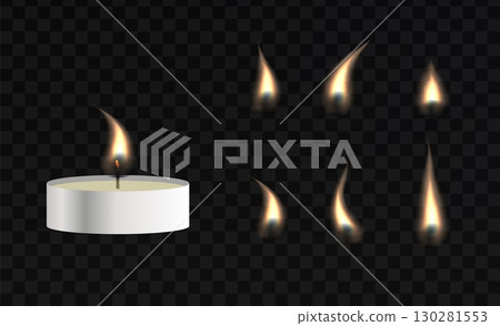 Realistic tea candle and flame set with various fire shapes. Isolated vector elements on transparent background. Perfect for light, decor, or festive designs. 130281553
