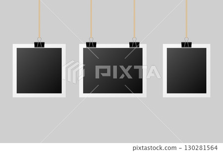 Vintage photo frames hanging on a string. Blank retro photograph templates with shadows, isolated on white. Ideal for memory, gallery, or decoration concepts. 130281564