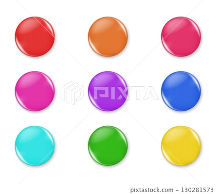 Magnet-style round buttons in multiple colors, realistic glossy design, isolated on white. Ideal for badges, labels, UI elements, and graphic or web design projects. 130281573
