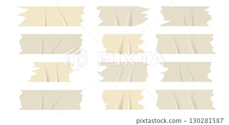 Collection of realistic adhesive tape pieces in various shapes and textures. Torn, wrinkled, and sticky strips isolated on white for collage or notes. 130281587