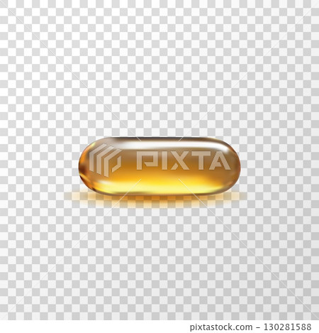 Single realistic golden oil capsule isolated on white background. Glossy vitamin or serum gel pill for cosmetic, medical, or health care design concepts. 130281588