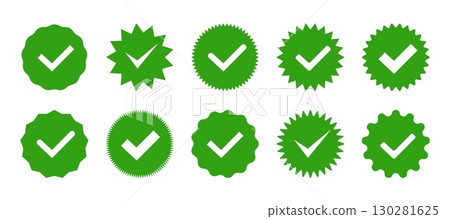 Green round checkmark icon with starburst edge and badge style isolated on white background perfect for verified accounts quality labels and approval stamps. 130281625
