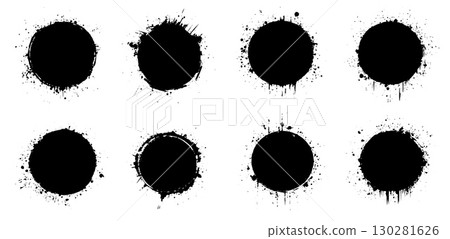 Set of grunge circular brush strokes and ink textures in black and white isolated on white background perfect for abstract frames borders and artistic design. 130281626