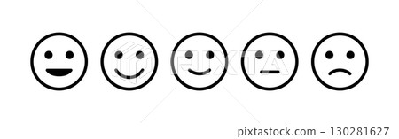 Set of cartoon face icons showing mood from sad to happy representing feedback scale isolated on white background for rating and UX design use. 130281627
