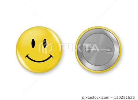 Vector illustration of round smiley face badge with front and back view showing cute yellow design and pin isolated on white background for fun graphics. Vector illustration of round smiley face badge with front and back view showing cute yellow design and pin isolated on white background for fun graphics. 130281628