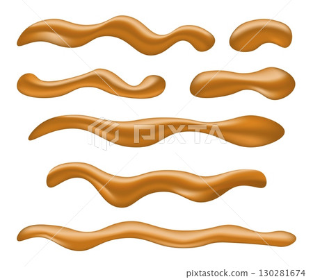 Vector illustration of sweet caramel or toffee sauce dripping in smooth glossy texture isolated on white background perfect for dessert and food designs. Vector illustration of sweet caramel or toffee sauce dripping in smooth glossy texture isolated on white background perfect for dessert and food designs. 130281674