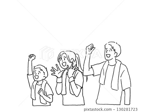 脖子上圍著毛巾觀看比賽的年輕男女,畫著線條畫 脖子上圍著毛巾觀看比賽的年輕男女,畫著線條畫 130281723