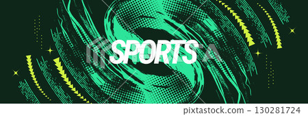 Grunge Sport Background with Green Brush Strokes, Yellow Arrows, and Halftone Style. Sport or Event Banner and Poster Design 130281724