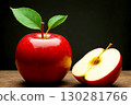 Fresh Red Apple with Leaves on Wooden Surface and Half Slice 130281766