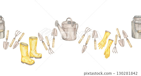 Yellow boots, gloves, garden tools, and watering cans form a seamless border watercolor clipart. Great for header graphics, banners, scrapbook dividers, tags, and natural product branding 130281842