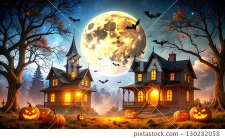 萬聖節南瓜燈和幽靈宅邸的圖片 萬聖節南瓜燈和幽靈宅邸的圖片 130282058
