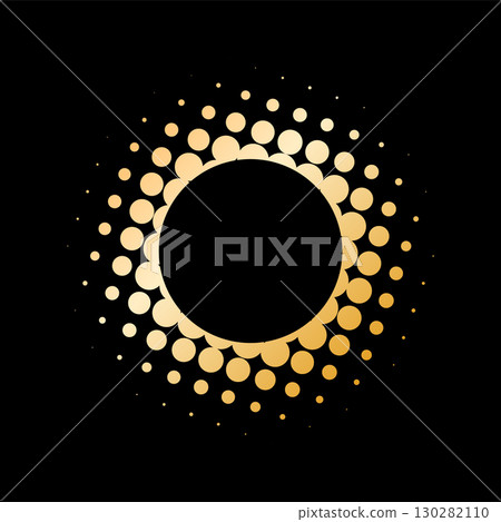 Gold halftone round frame on black background elegant dotted circle vector element for luxury decoration banner invitation and premium design projects. Gold halftone round frame on black background elegant dotted circle vector element for luxury decoration banner invitation and premium design projects. 130282110