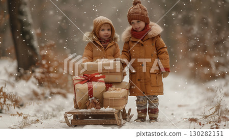Two little children in vintage winter clothes, standing by wooden sled with Christmas presents 130282151