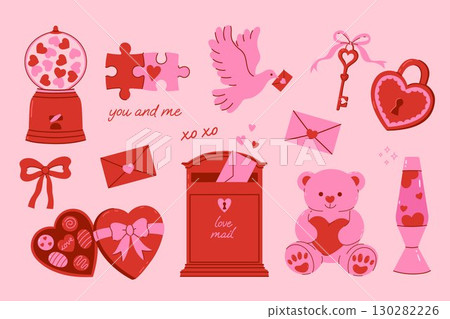 Collection of Valentine s Day graphics in pink and red colors. Vector graphics 130282226