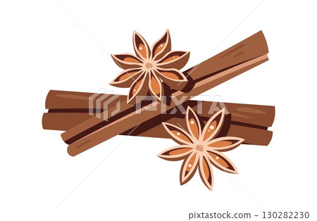 Cinnamon sticks and star anise flat vector isolated on white. Indian spices for Christmas packaging, autumn designs, cafe menus, restaurant branding. Ideal for stickers, labels, seasonal promotions Cinnamon sticks and star anise flat vector isolated on white. Indian spices for Christmas packaging, autumn designs, cafe menus, restaurant branding. Ideal for stickers, labels, seasonal promotions 130282230