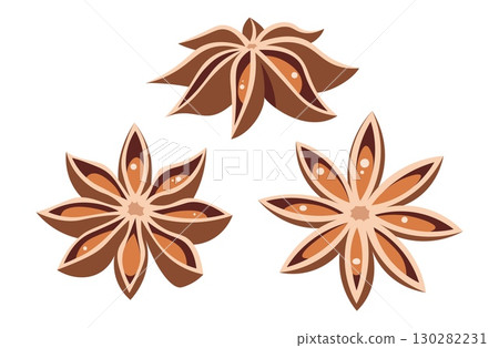 Star anise flat vector illustration isolated on white. Anise spice icons for holiday cooking, Christmas recipes, cafe menu design, food packaging. Ideal for labels, stickers, seasonal decor, culinary Star anise flat vector illustration isolated on white. Anise spice icons for holiday cooking, Christmas recipes, cafe menu design, food packaging. Ideal for labels, stickers, seasonal decor, culinary 130282231