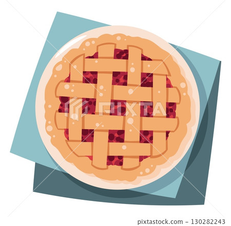 Berry Pie Flat Vector Illustration Top View Isolated. American Thanksgiving Dessert for Holiday Menus, Food Blog Graphics, Recipe Books, Seasonal Packaging. Autumn Theme, Festive Comfort Food Style. 130282243