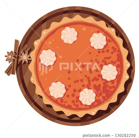 Pumpkin Pie Flat Vector Illustration Isolated on White. American Thanksgiving Dessert with cinnamon for Holiday Baking, Food Packaging, Recipe Books, Autumn Menus. Ideal for Seasonal Promotions, Food Pumpkin Pie Flat Vector Illustration Isolated on White. American Thanksgiving Dessert with cinnamon for Holiday Baking, Food Packaging, Recipe Books, Autumn Menus. Ideal for Seasonal Promotions, Food 130282250