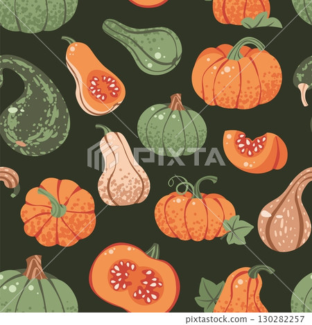 Assorted Pumpkins Seamless Pattern Flat Vector. Thanksgiving, Harvest Festival. Repeat Background for Wallpaper, Textile Design, Wrapping Paper, Seasonal Branding. Autumn Vegetables Endless Print. 130282257