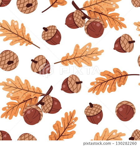 Oak Branch with Leaves and Acorns Seamless Pattern Flat Vector. Harvest Festival and Thanksgiving Texture for Seasonal Branding, Autumn Design. Repeat Background for Wallpaper, Textile, Wrapping Paper 130282260