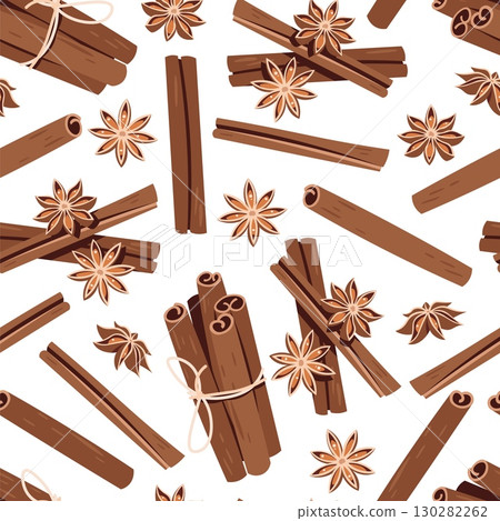 Cinnamon and Star Anise Seamless Pattern Flat Vector. Cozy Spice Background for Cafe Branding, Food Packaging, Seasonal Product. Endless Texture for Textile, Wallpaper, Wrapping Paper. Autumn Design Cinnamon and Star Anise Seamless Pattern Flat Vector. Cozy Spice Background for Cafe Branding, Food Packaging, Seasonal Product. Endless Texture for Textile, Wallpaper, Wrapping Paper. Autumn Design 130282262