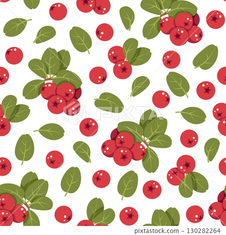 Lingonberry Seamless Pattern Flat Vector. Autumn, Harvest Festival. Repeat Background with Red Berries for Textile, Packaging, Wallpaper Design. Botanical Theme Endless Print Lingonberry Seamless Pattern Flat Vector. Autumn, Harvest Festival. Repeat Background with Red Berries for Textile, Packaging, Wallpaper Design. Botanical Theme Endless Print 130282264