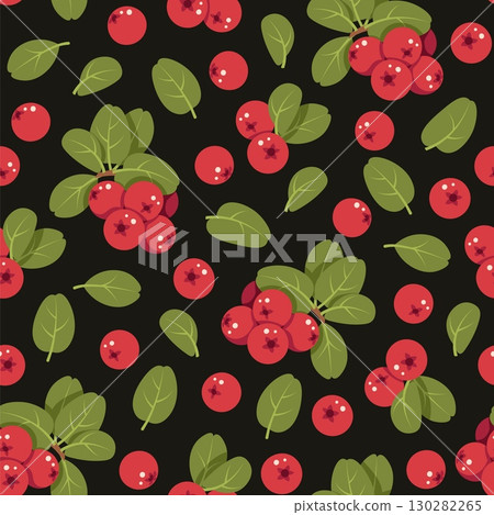Lingonberry Seamless Pattern Flat Vector. Autumn, Harvest Festival. Repeat Background with Red Berries for Textile, Packaging, Wallpaper Design. Botanical Theme Endless Print Lingonberry Seamless Pattern Flat Vector. Autumn, Harvest Festival. Repeat Background with Red Berries for Textile, Packaging, Wallpaper Design. Botanical Theme Endless Print 130282265