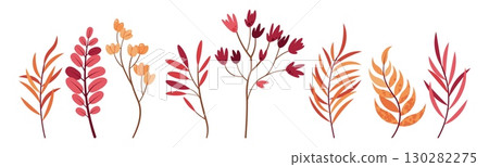Autumn Twigs and Leaves Botanical Set Flat Vector Isolated on White. Fall Foliage Design for Seasonal Decor, Greeting Cards, Posters, Banners, Stickers. Ideal for Nature Themes, Print Projects Autumn Twigs and Leaves Botanical Set Flat Vector Isolated on White. Fall Foliage Design for Seasonal Decor, Greeting Cards, Posters, Banners, Stickers. Ideal for Nature Themes, Print Projects 130282275