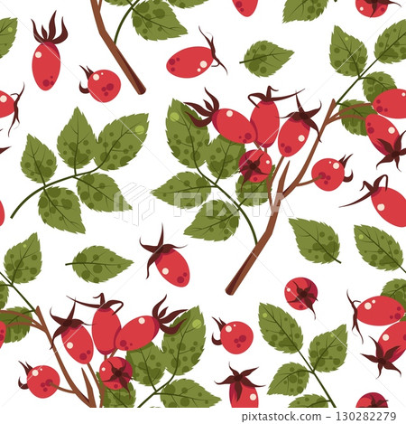 Wild Rosehip Branch Seamless Pattern Flat Vector. Forest Berries Texture for Nature Design, Herbal Branding, Rustic Decor. Repeat Background for Wallpaper, Textile, Wrapping Paper. Botanical Style Wild Rosehip Branch Seamless Pattern Flat Vector. Forest Berries Texture for Nature Design, Herbal Branding, Rustic Decor. Repeat Background for Wallpaper, Textile, Wrapping Paper. Botanical Style 130282279