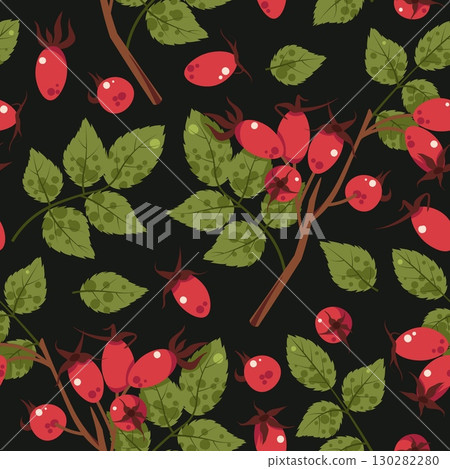 Wild Rosehip Branch Seamless Pattern Flat Vector. Forest Berries Texture for Nature Design, Herbal Branding, Rustic Decor. Repeat Background for Wallpaper, Textile, Wrapping Paper. Botanical Style 130282280