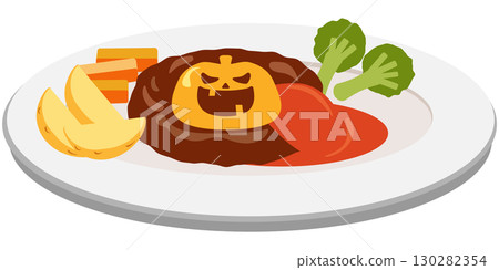 Image of a Halloween hamburger steak with cheese in the shape of a jack-o'-lantern 130282354