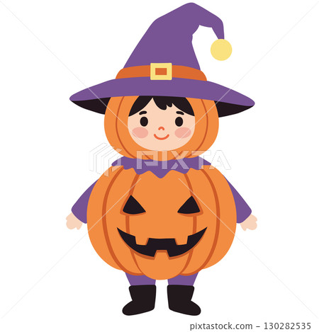 Cute child in festive Halloween costume. This happy costume brings spooky joy Cute child in festive Halloween costume. This happy costume brings spooky joy 130282535
