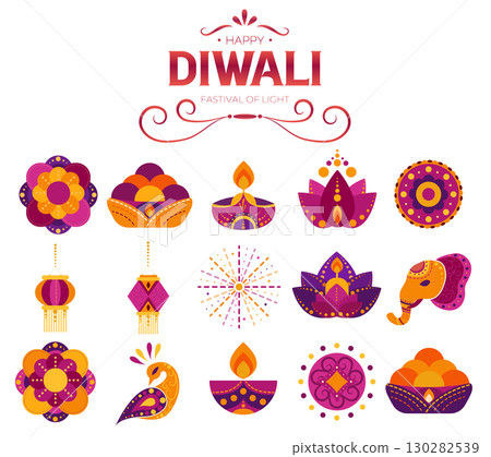 Diwali festival celebration with colorful decorative elements. Vector illustration 130282539