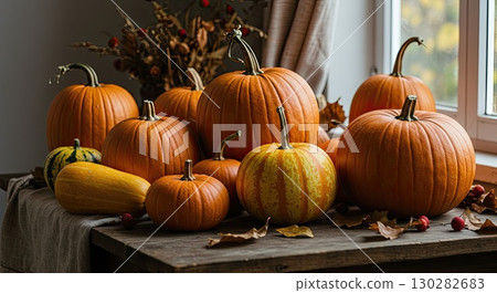 Autumn harvest still life with pumpkins. Bountiful harvest, perfect harvest Autumn harvest still life with pumpkins. Bountiful harvest, perfect harvest 130282683