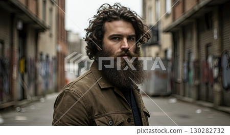 Authentic bearded man in urban alley shows his authentic style and raw charisma 130282732