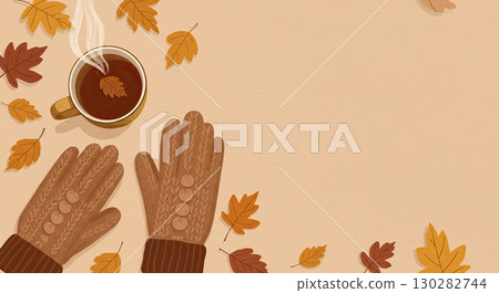 Cozy illustration with tea and gloves. A cozy mood for equinox. Very cozy 130282744