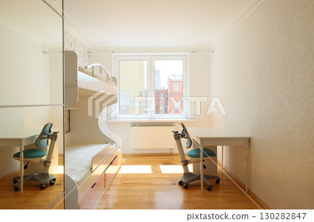 Modern Shared Room featuring Bunk Beds along with a Study Area for enhanced productivity Modern Shared Room featuring Bunk Beds along with a Study Area for enhanced productivity 130282847