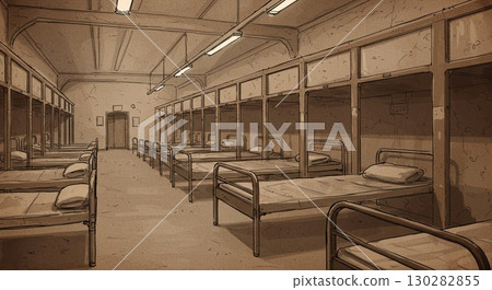 Vintage illustration of empty barracks, a haunting historical memory. 130282855