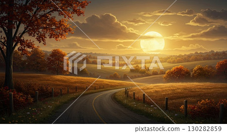 Winding road invites on golden autumn journey, a peaceful scenic journey Winding road invites on golden autumn journey, a peaceful scenic journey 130282859