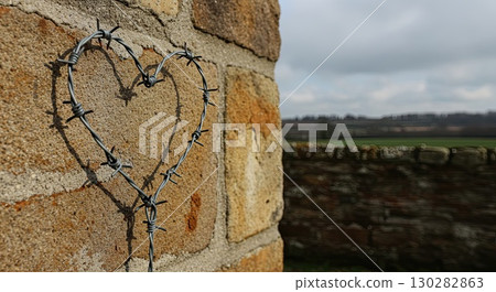 Barbed wire heart on stone wall, poignant symbol for remembrance. 130282863