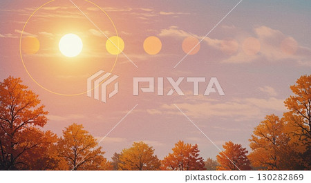 Sun's path across autumn sky shows equinox change. A beautiful path of light Sun's path across autumn sky shows equinox change. A beautiful path of light 130282869