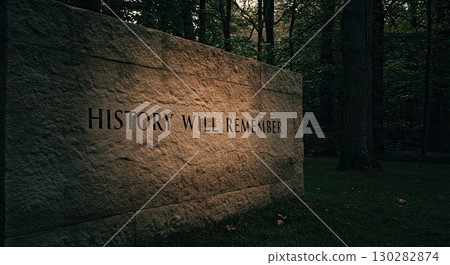 Stone monument in dark forest, its inscription a solemn vow of remembrance 130282874