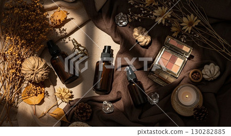 Natural beauty products for fall. This organic beauty setup shows a warm beauty 130282885