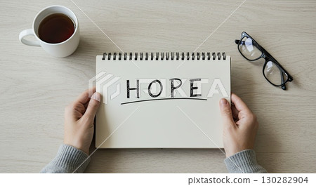 Hands holding journal with written word hope. Message of hope for future life Hands holding journal with written word hope. Message of hope for future life 130282904