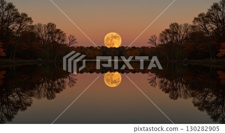 Harvest moon reflection creates perfect natural balance. A serene lake balance 130282905