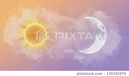 Sun and moon in clouds showing perfect equinox balance. A cosmic balance 130282979