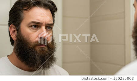 Serious man sees beard reflection, a quiet moment of personal reflection 130283008