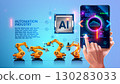Industrial automation using artificial intelligence. AI controls an industrial plant. AI manages business processes in an industrial enterprise. A man controls a factory from a tablet screen using AI. 130283033