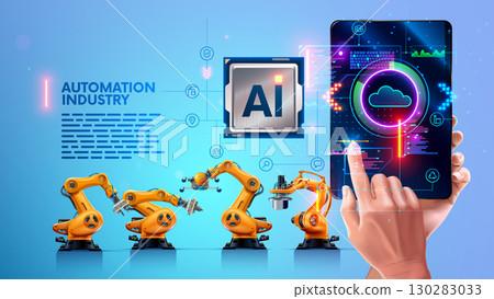 Industrial automation using artificial intelligence. AI controls an industrial plant. AI manages business processes in an industrial enterprise. A man controls a factory from a tablet screen using AI. 130283033